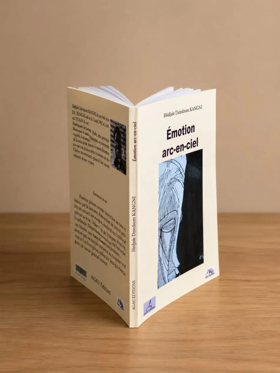 The book Émotion arc-en-ciel by Hedjole Dziedzom KANGNI, standing on a wooden table